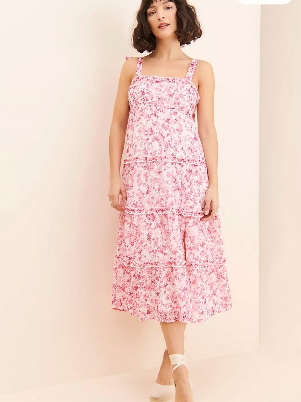 Floral Tiered Pink Midi Dress with Adjustable Straps